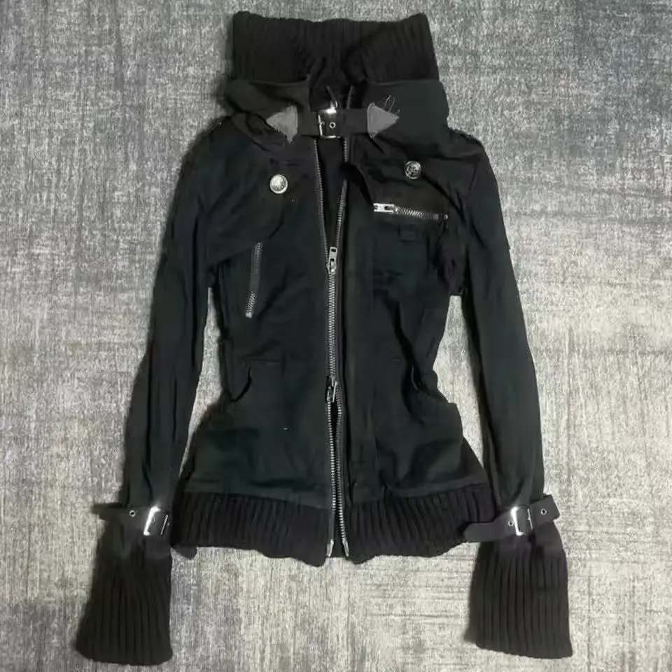 Y2K Gothic Black Slim Double Zipper Hoodie Women's Y2K American Retro Fashion Slim Oversized Cuffs Casual Motorcycle Jacket