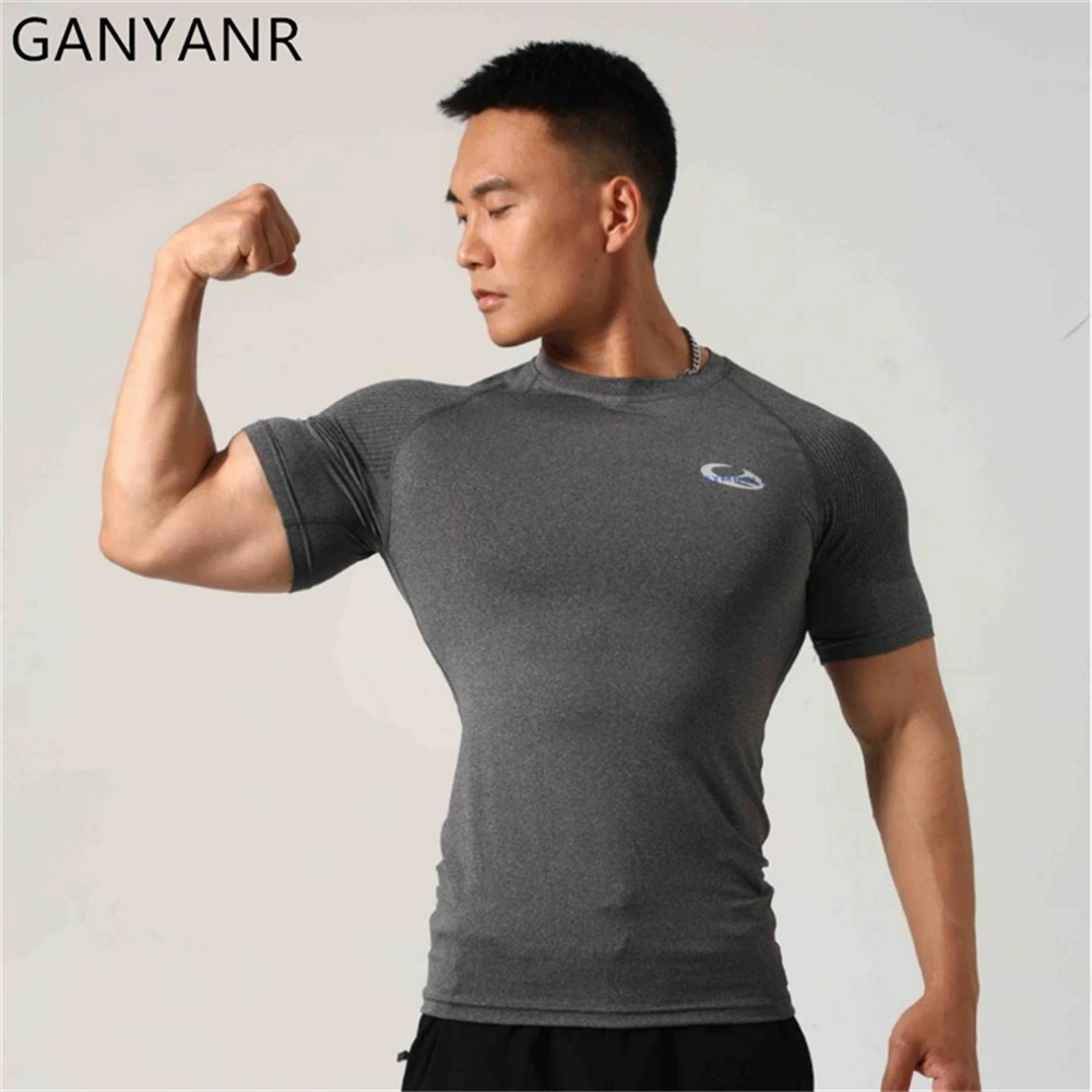 GANYANR Running T-shirt Men Compression Sportswear Short Sleeve Gym Bodybuilding Sport Basketball Training Exercise Fitness Wear