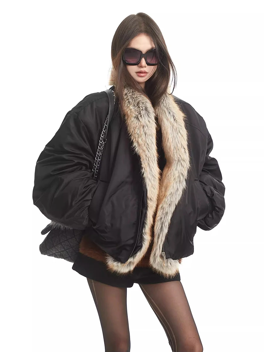 REDDACHiC 인조 모피 칼라 여성 봄버 재킷 열 보온 오픈 프론트 포켓 오버사이즈 바이커 모토 코트 빈티지 가을 겨울 아우터웨어