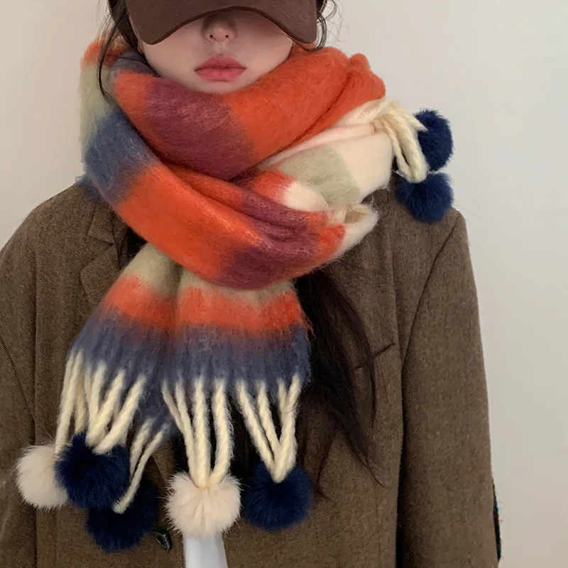 Girl Winter Warm Plaid Fringe Hairball Scarf Women Vintage Thicken Color Shawl Couple Ins Korean Scarves Versatile Dress Up