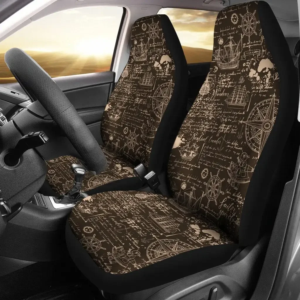 Compass Map Pattern Print Seat Cover Car Seat Covers Set 2 Pc, Car Accessories Car Mats