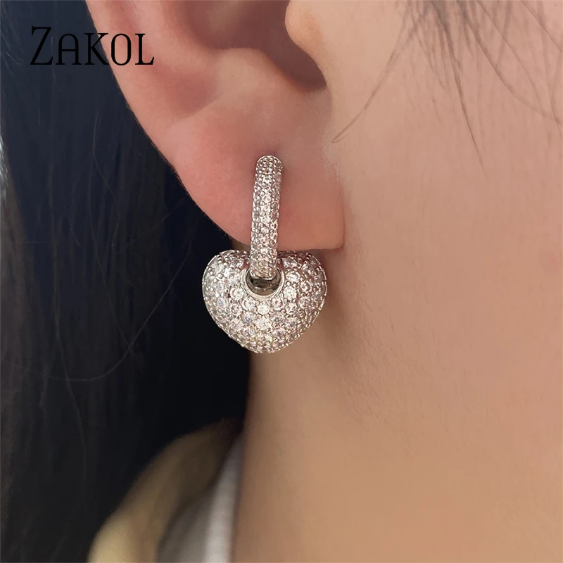 ZAKOL Fashion Hollow Love Heart Cubic Zirconia Gold Color Hoop Earrings for Women CZ Stone Wedding Jewelry FSEP546