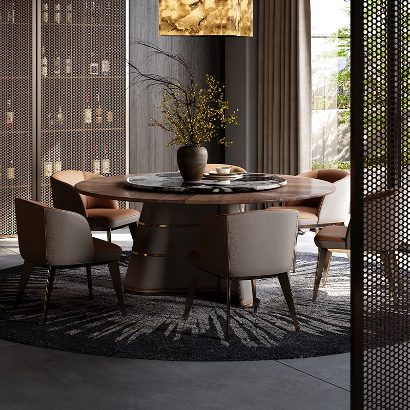 High End Marble Rotating Induction Cooker Dining Table Light Luxury Round Wind North American Black Walnut Electric Dining Table