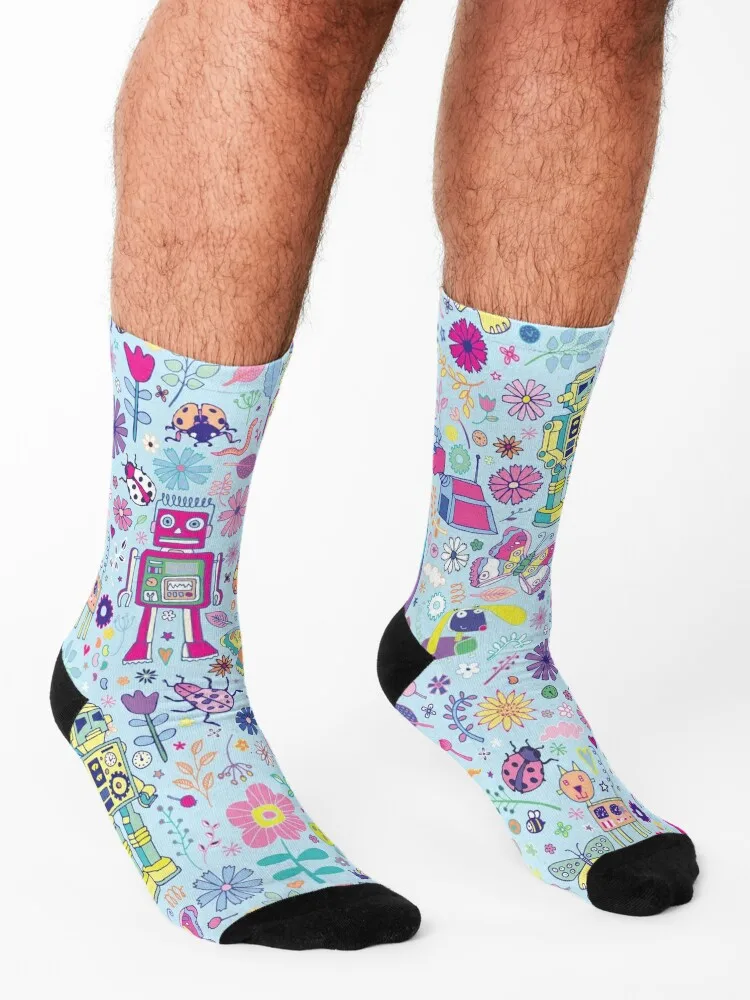 Electric Dreams - fun floral robot pattern by Cecca Designs Socks with print hockey valentine gift ideas Men's Socks Women's