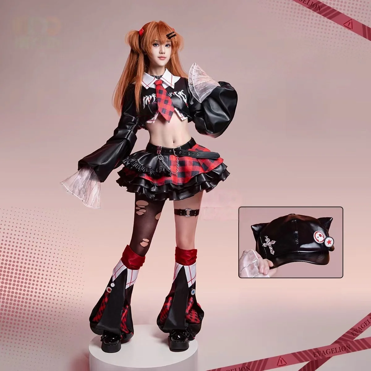 

Asuka Langley Soryu Cosplay Costume Women Girls Rock Band Sexy Cool Top Skirt Halloween Party Set Performance Costume