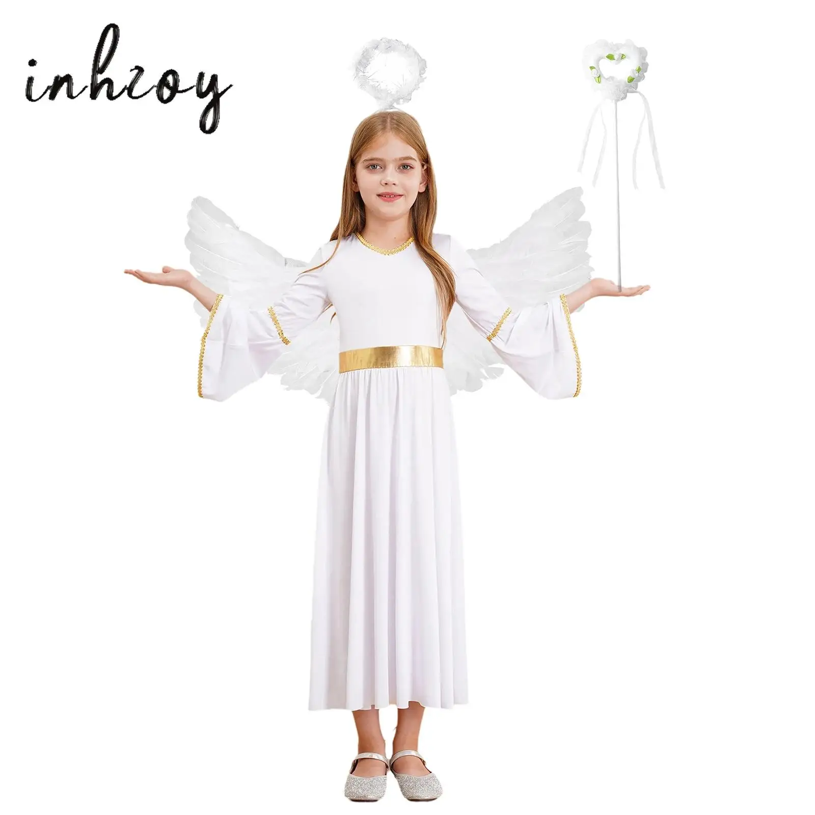 

Girls Angel Cosplay Costume Angel Dress Long Sleeve Gold Trim Patchwork Gown Dresses for Theme Party Stage Performance Role Play