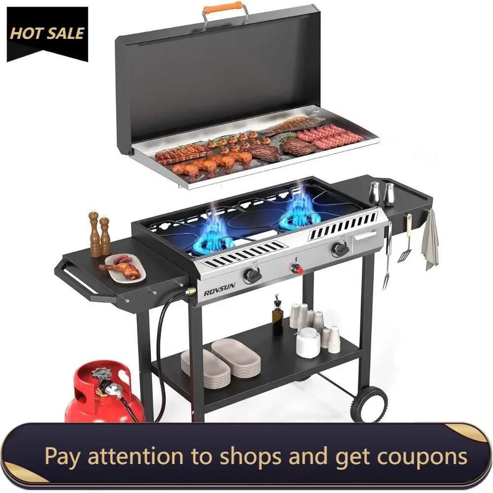 

2 Burner Outdoor Propane Gas Stove with Griddle, Auto-ignition, Regulator & Side Shelves, 150,000 BTU Powerful Stand Cooker