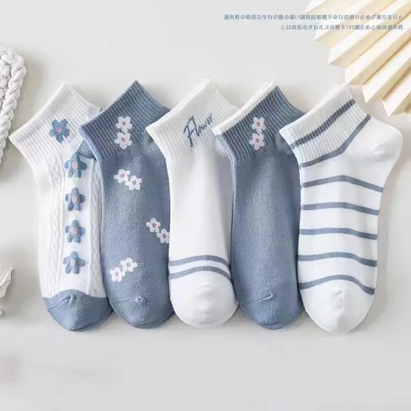 1/5 pairs Spring summer thin fashion versatile short socks breathable fresh boat socks cute  sweet women's flower short socks