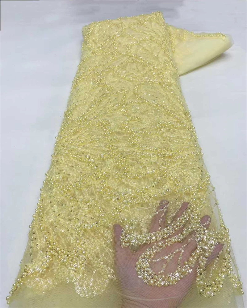

Beautiful Nigerian Sequins Party Lace African Beads Lace Fabric High Quality 5Yards African French Tulle Net Lace Wedding