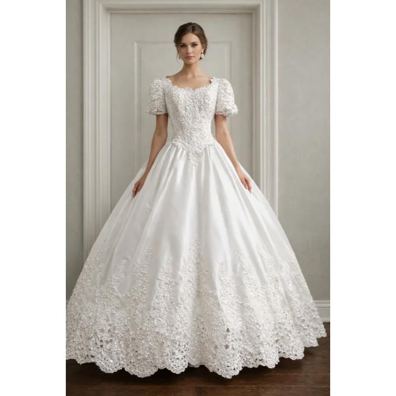 

Элегантное классическое белое свадебное платье принцессы с вырезом-лодочкой, короткими рукавами, из высококачественного блестящего атласа, расшитое бисером (Vestido De Noiva)