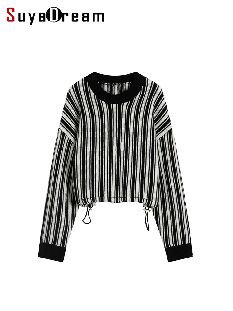 

SuyaDream, Striped Pullovers for Woman, 30.9%Wool, Round Neck, Chic Short Sweaters, 2023 Fall Winter Top, Black, Camel