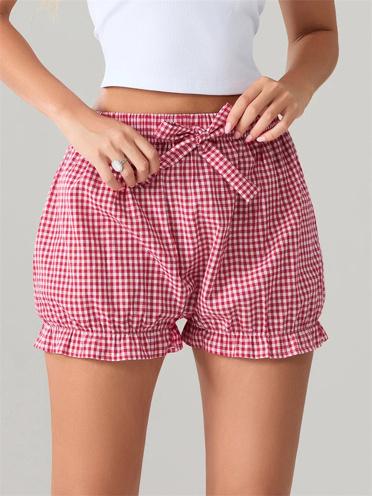 CHRONSTYLE Women Bloomer Shorts Summer Elastic Waist Bow Plaid Dots Print Loose Casual Short Pants Streetwear 2025 Bottoms New