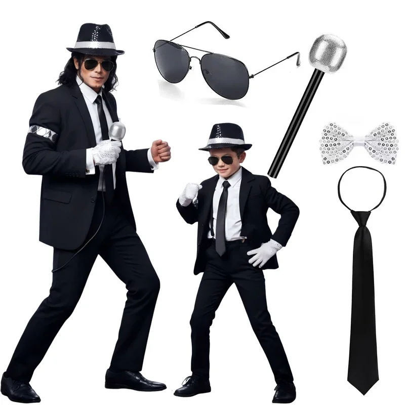 Disfraz de discoteca de los años 80 para niños y hombres, estilo Michael Jackson, sombrero Fedora con lentejuelas, tirantes, corbatín, guantes, kit de accesorios retro para fiestas