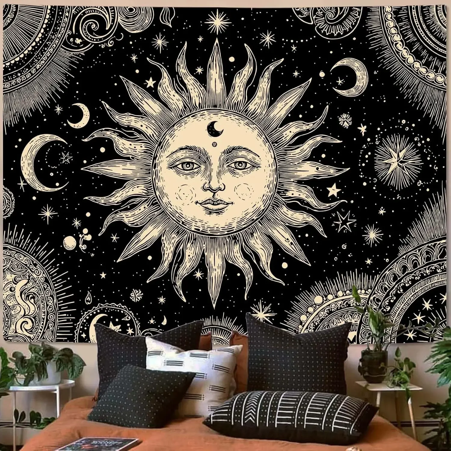 Tapestry Vintage Celestial Sun Moon Tapestries Starry Sky Wall Hanging Mystical Astrology Line Art Decor Bedroom Dormitory