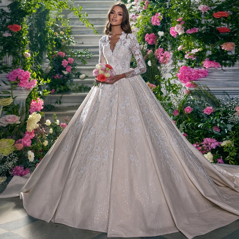 

Luxury Long Sleeve V-neck Prom Dresses Sparkling Lace Beaded Princess Wedding Dress Cathedral Pattern Bride Dress Customized