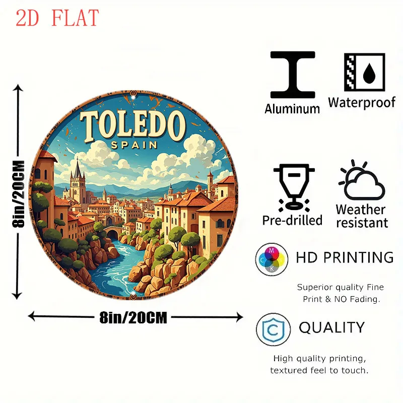 1pc 8 Inch Toledo Spain Scenic River Landscape Metal Wall Art - Vibrant Spanish Cityscape Round Sign with Tajo Gorge & Historic