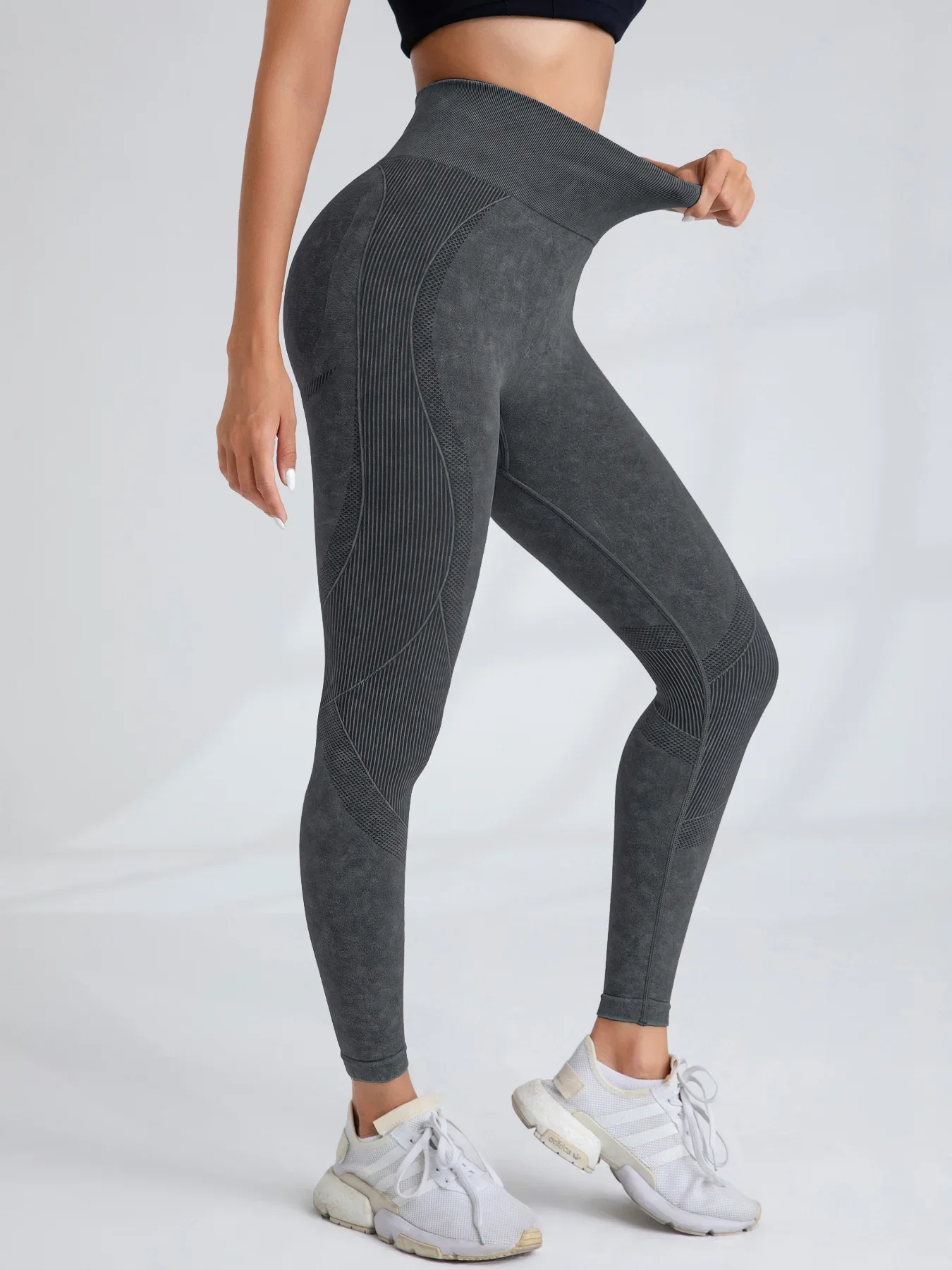 Damen High-Waist Nahtlose Yoga-Hose mit Buchstabenmuster, Sandgewaschen, Po-Lifting, Eng anliegende Taille, für Sport und Outdoor, Modische Leggings – Detail 37