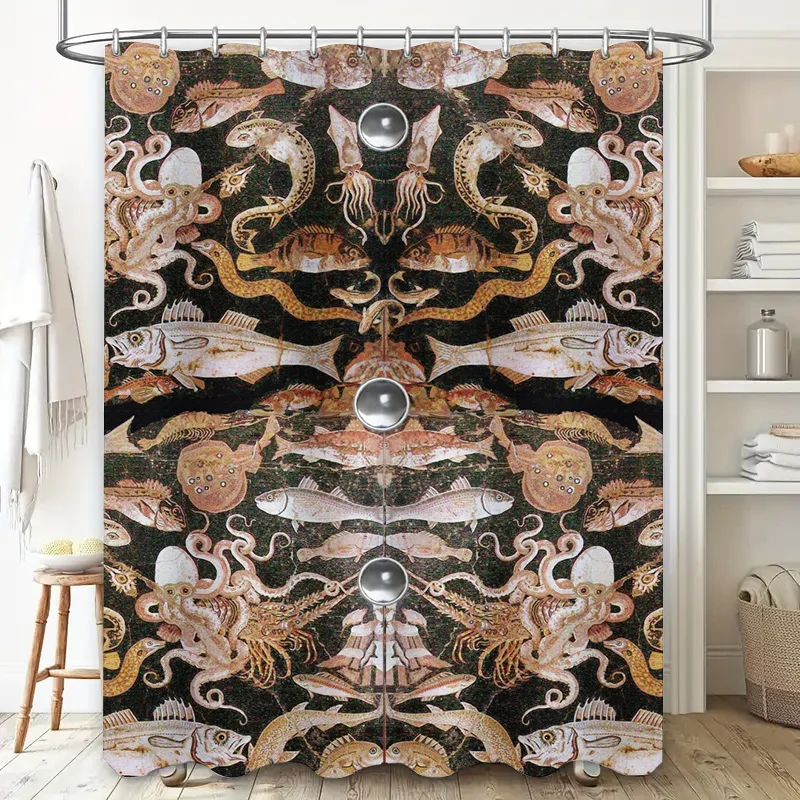 Unique Underwater Life Print Shower Curtain Rustic Octopus Fish Design for Bathroom Decor Premium Waterproof Fabric with Metal H