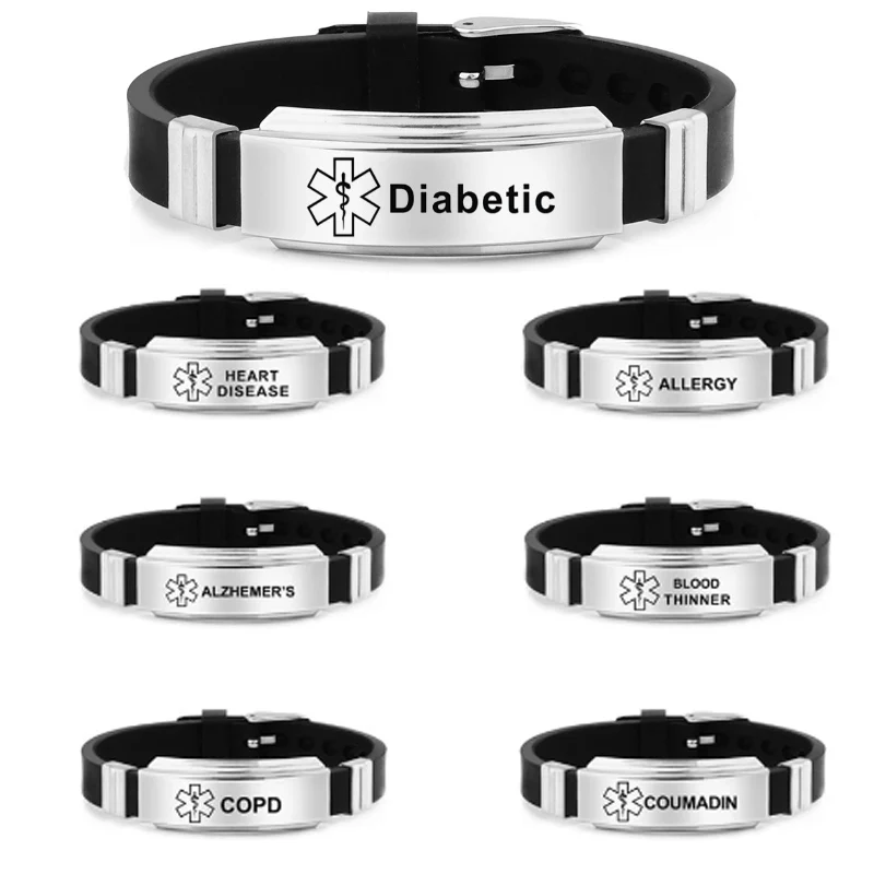 New Stainless Steel Bracelets for Men Bangles 1/2 Diabetes Allergy Epilepsy Alzheime Emergency Jewelry Gift for Unisex Women Men