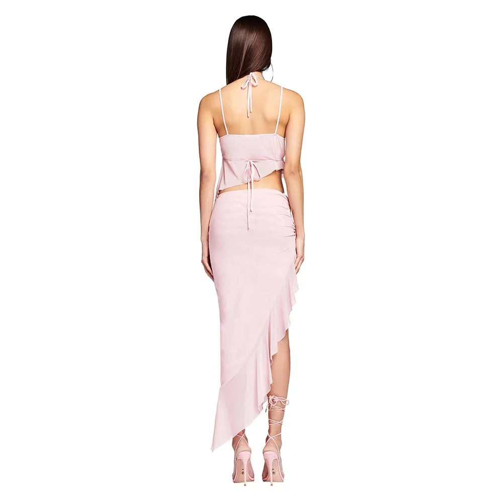 Abiti da ballo con spacco laterale rosa 2 pezzi Top senza maniche + gonna lunga Halter Neck See Through Party abito da sera Robe In Stock