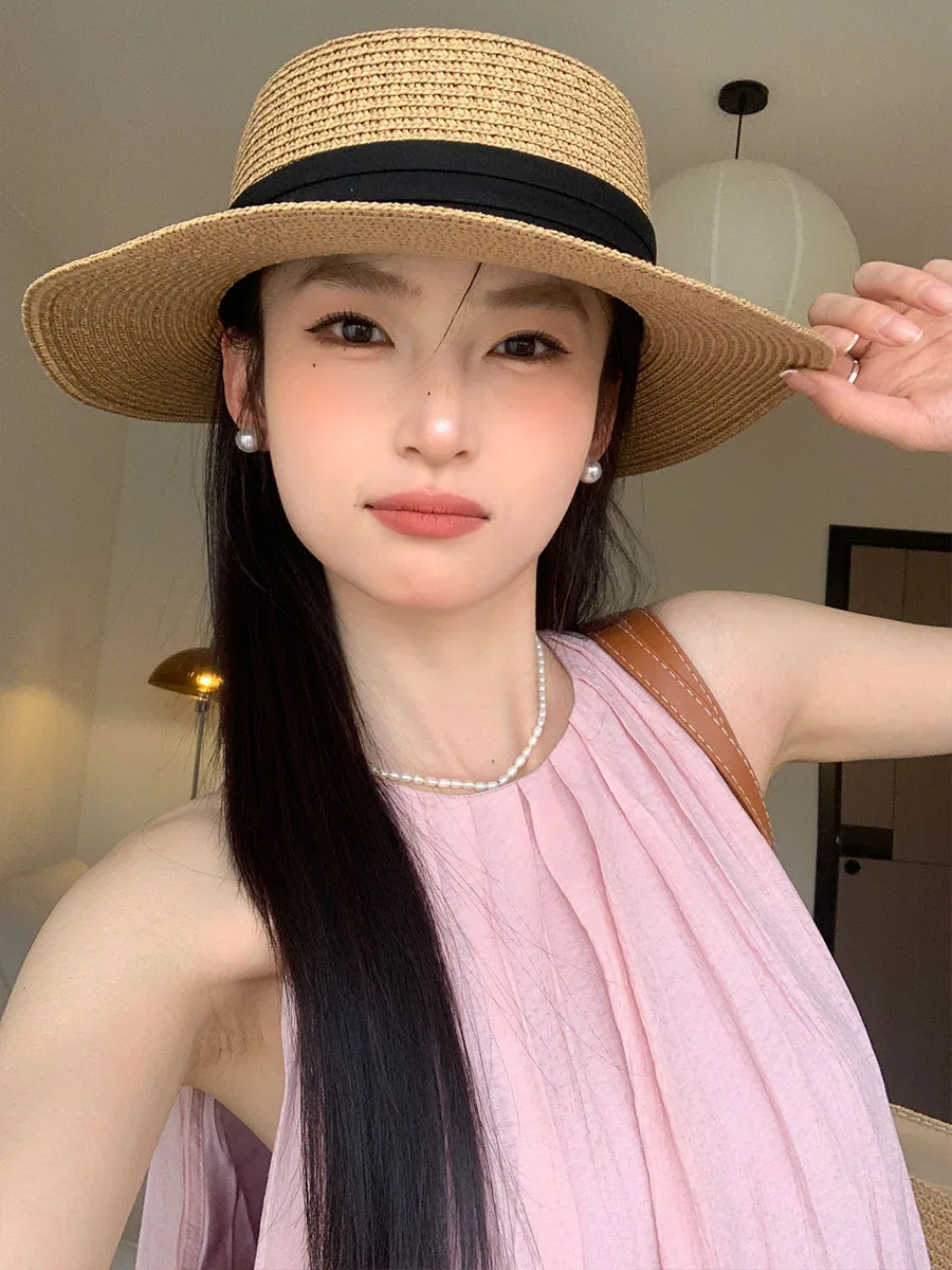 French Flat-Top Straw Hat Women's High-End Sense Of Straw Sun Hat Seaside Vacation Sun Protection Hat Small Face-Revealing Hat