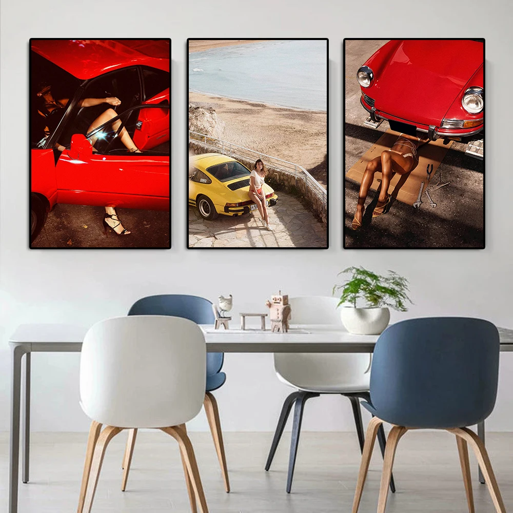 موضة السوبر 911 ملصق عرض السيارات فتاة قماش اللوحة مثير المرأة الجسم جدار الفن الفاخرة سباق جدارية غرفة المعيشة ديكور المنزل