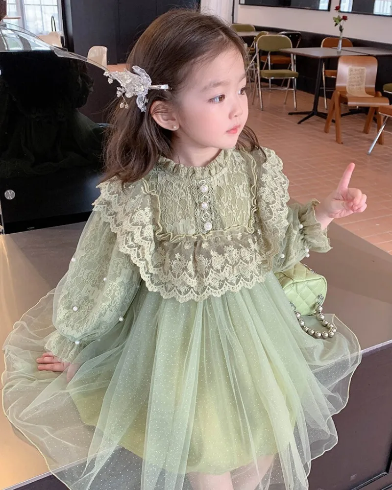 2025 Autumn Spring 2 3 4 6 8 10 12 Years Children Princess Ball Gown Party Long Sleeve Patchwork Lace Dress For Kids Baby Girls