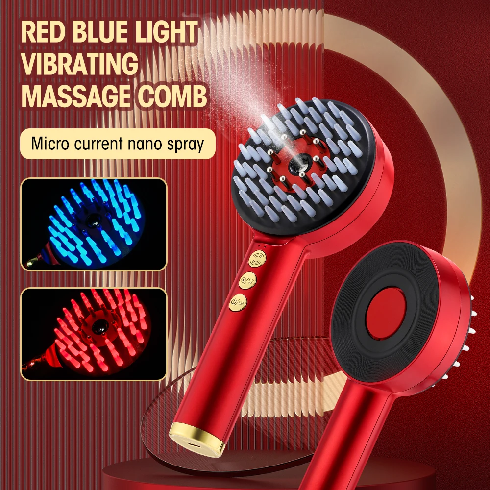 Massage Comb Blue Red Light Therapy Vibration Electric Hair Massage Scalp Brush Negative Ion Spray Hair Growth Massager