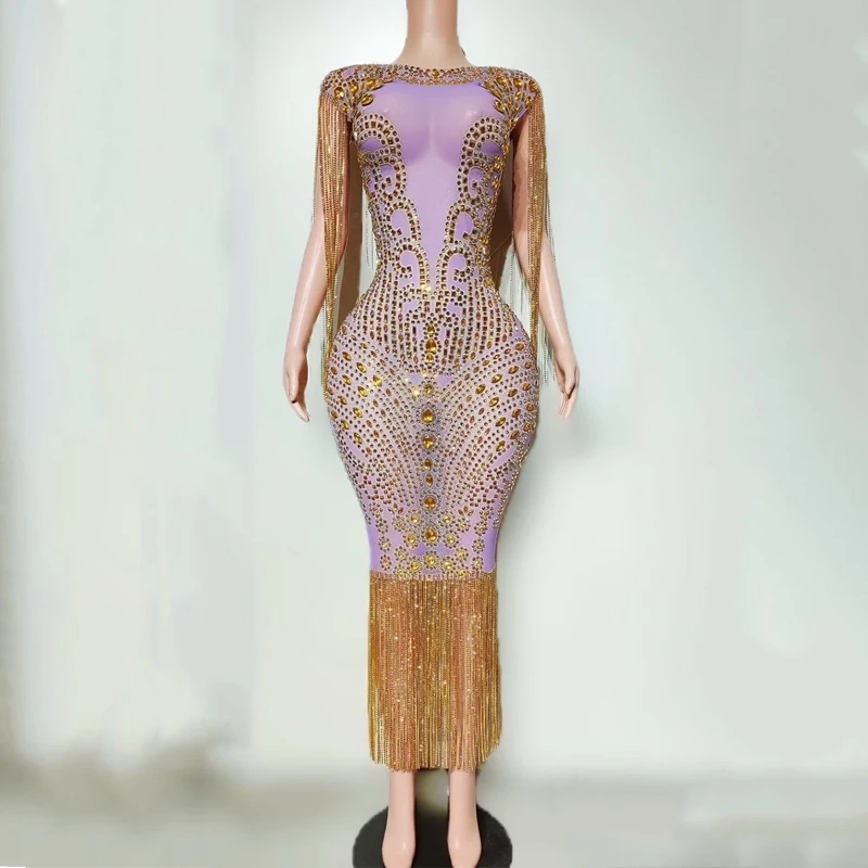 Sukienka damska z frędzlami, łańcuszkami i dżetami, strój imprezowy, dla piosenkarki, na wieczór, do baru, klubu, na występ, na scenę, na wybieg, model XS10297