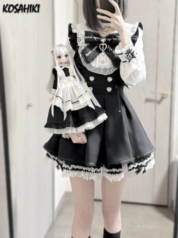 

2025 Japanese Two Pieces Set Women Outfits Patchwork Fake Two Pieces Lolita Dress + Mini High Waist Ruffled Skirts Y2k Aesthetic