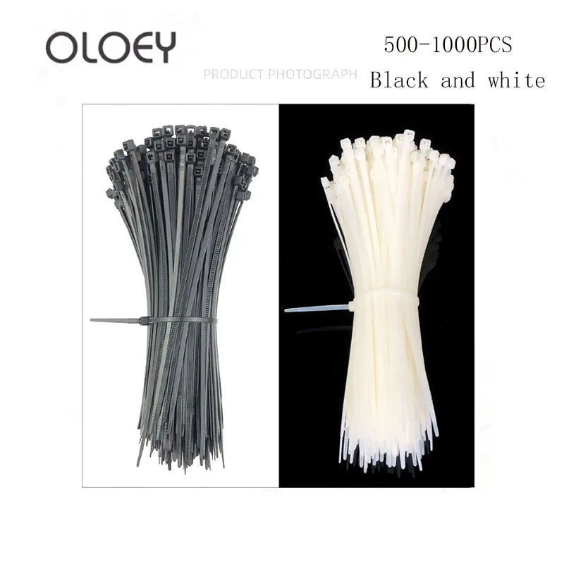 Black and white self-locking nylon cable tie lengthened thick white plastic binding fixing buckle strap 500~1000 PCS