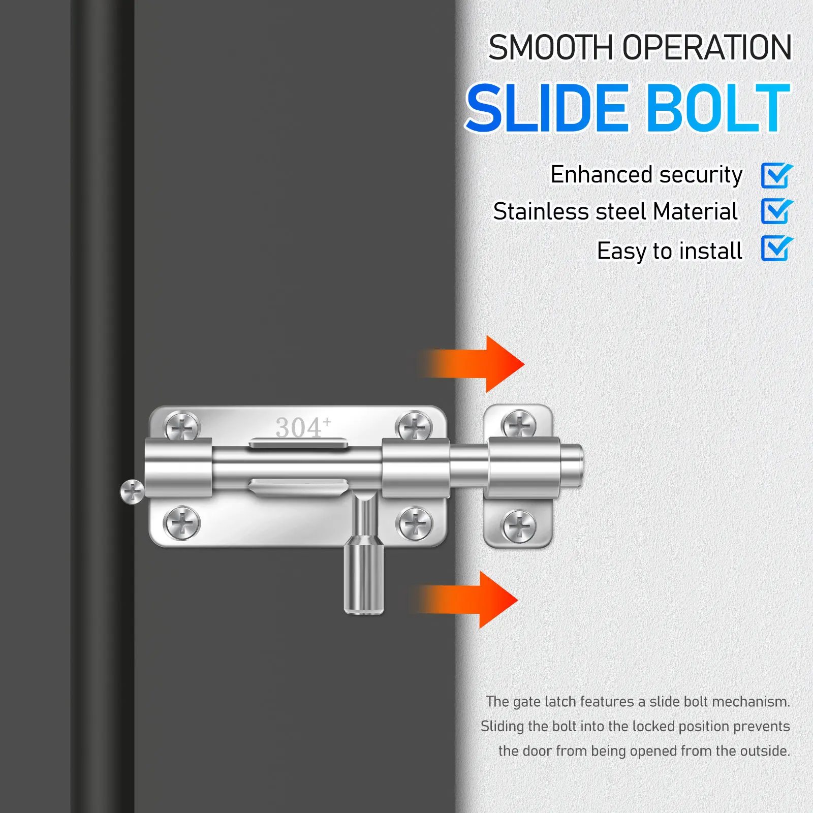2Pcs Sliding Door Latch Bolt Stainless Steel Heavy Duty Gate Locks Shed Door Slide Lock Security Hardware Slide Latch