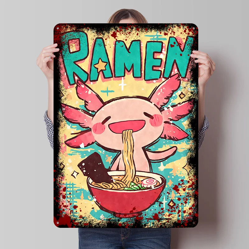 Axolotl Ramen Printed Poster Customized Wall Art Retro Vintage Metal Tin Signs for Home Interior Decoration Living Room House