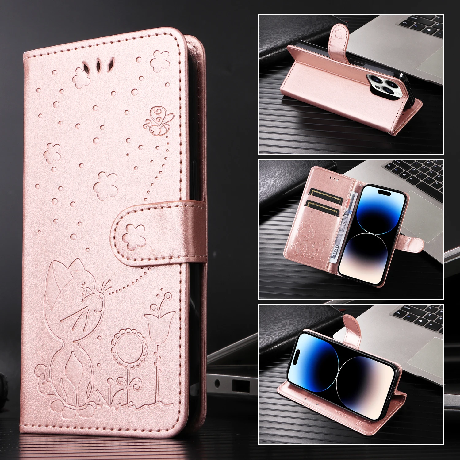 

Кожаный чехол для телефона с тиснением «Кот и пчела», подходит для iPhone 11, iPhone X Series XS XR XS Max R61, кожа + матовый ТПУ