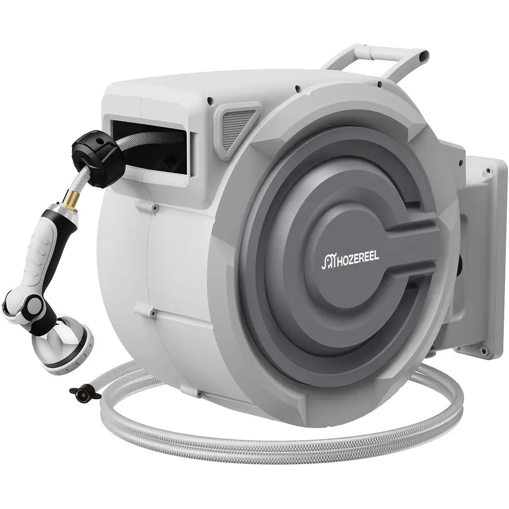 

150-Foot Retractable Garden Hose with Wall Mount and 10 Nozzles - Grey