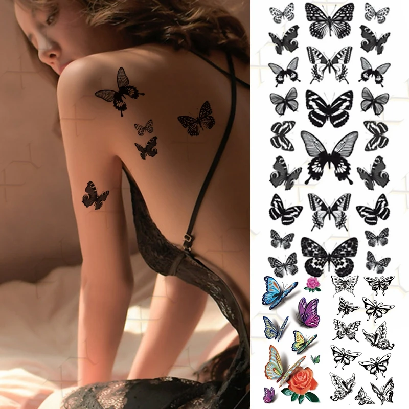 Waterproof Temporary Tattoo Sticker 3D Butterfly Fake Tatto Flash Snake Feather Tatoo Body Art RoseTatouage for Girl Women Men