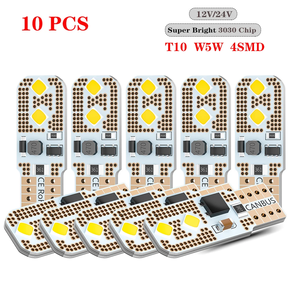 

DXZ 10PCS W5W T10 LED Bulbs 12V 24V Canbus 3030 4-SMD 6000K White 194 168 Car Interior Map Dome Lights Auto Parking Signal Lamp