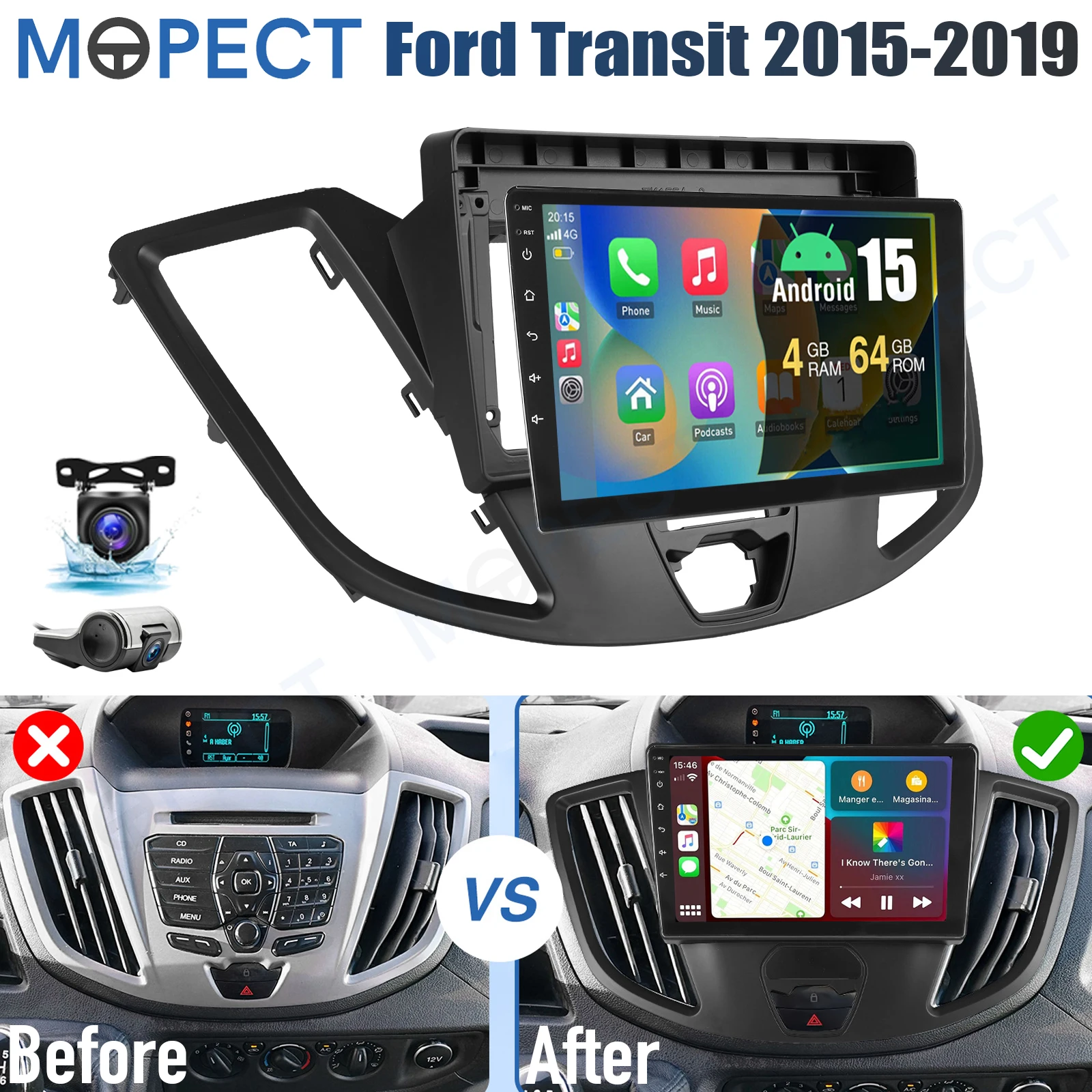 MOPECT Pour Ford Transit 150 250 350 2015-2019 9" Android 15 CarPlay Autoradio WiFi GPS FM/AM Écran tactile + DAB&DVR&Caméra