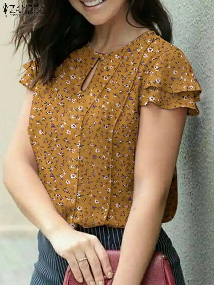 Summer Women Short Sleeve Holiday Tops 2023 ZANZEA Bohemian Floral Blouse Elegant Pleated Shirt Casual Ruffles Hem Blusas Mujer