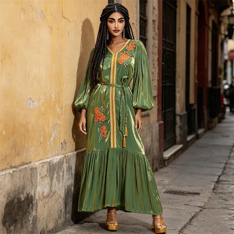 

New Shiny Embroidered Long Dress Lantern Sleeve Women Dresses Muslim Evening Party Gown Dubai Abaya Turkey Kaftan Islam Jalabiya