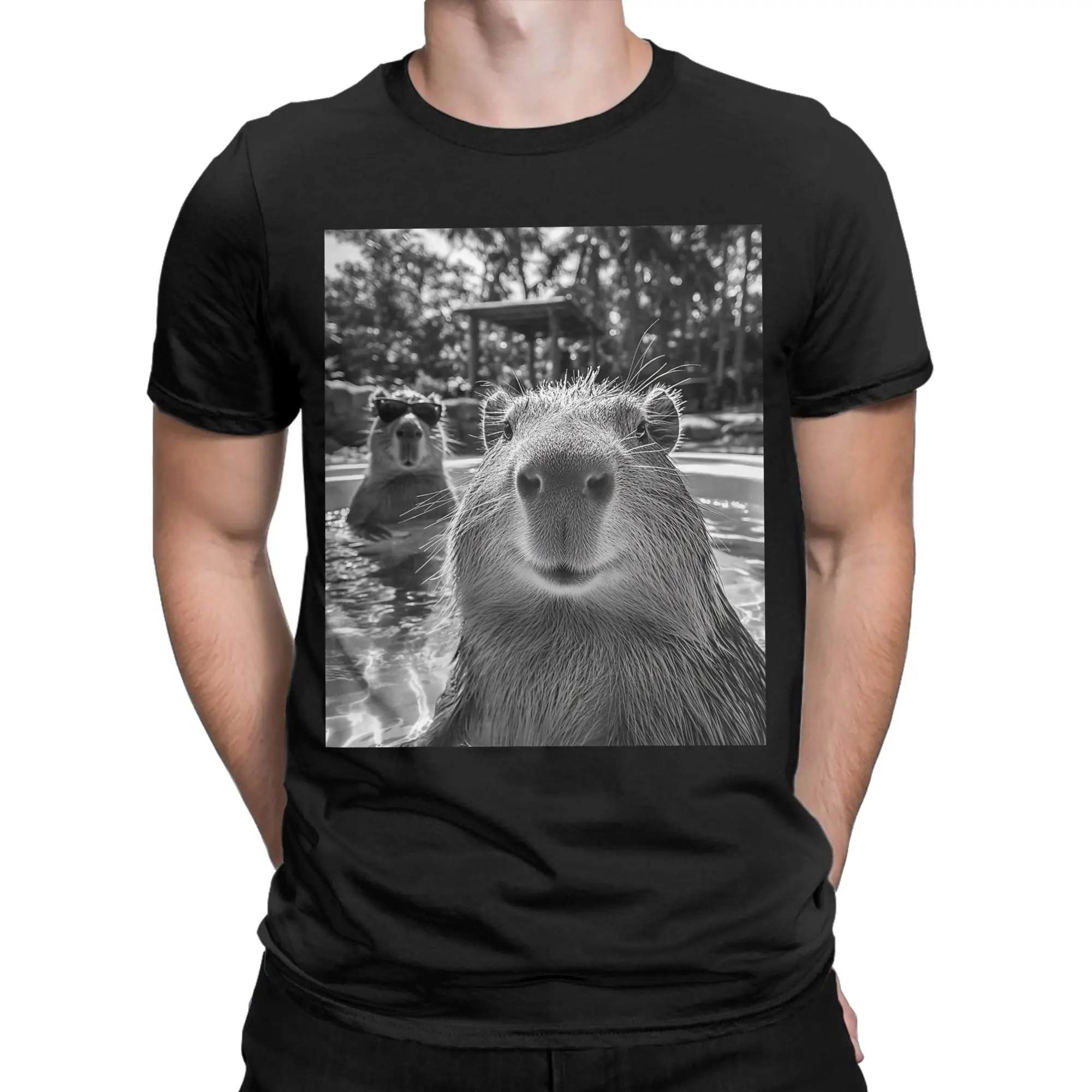Men's T-Shirt Funny Capybara Selfie Funny 100% Cotton Tee Shirt Short Sleeve  T Shirts O Neck Clothing Printed