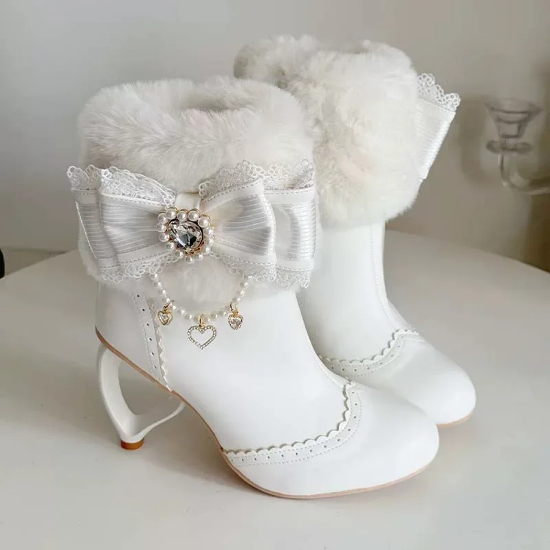 New Style Pink/White Retro Otome Heart Heel Booties Cute Bow Pearl Rhinestone Embellishes Elegant Lolita Ankle Boots For Women