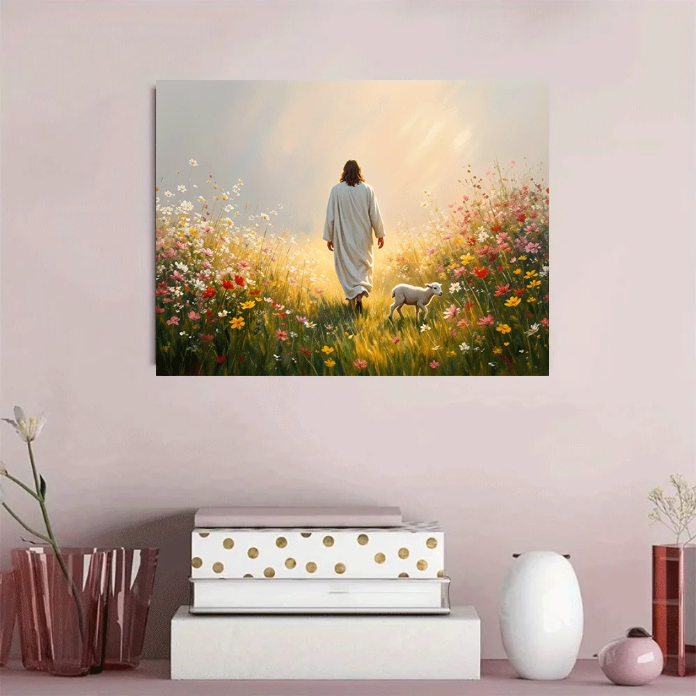 1PC-Unframed Canvas poster wall decoration  Jesus Walking With Lamb In Flower Field Sunset Peaceful Nature Scene