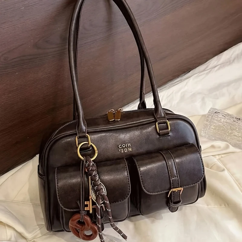 Bandolera de piel sintética de Color sólido Retro para mujer con múltiples bolsillos de gran capacidad viene con un accesorio desmontable