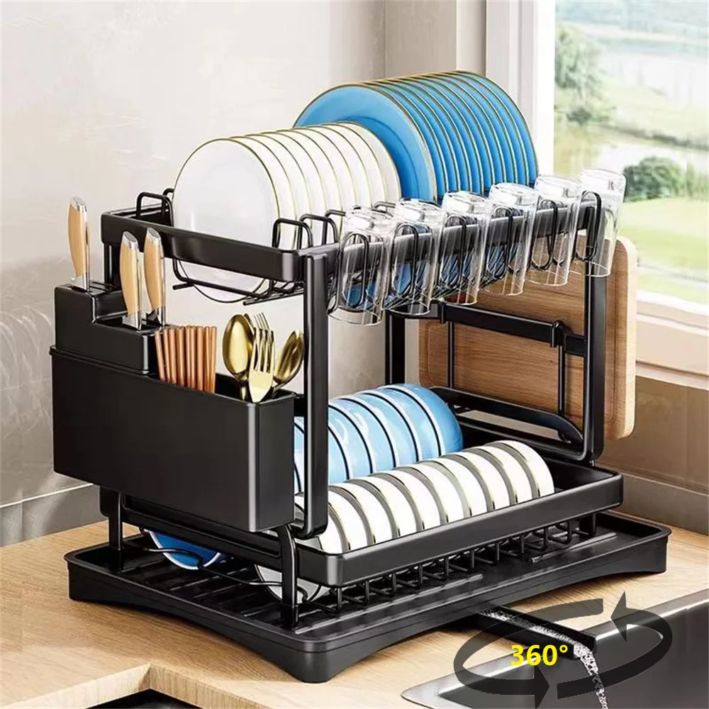 2-stöckiges Abtropfgestell, Selbstentwässernd, Kohlenstoffstahl Küchen-Geschirrständer mit Besteck- und Schneidebretthalter für Kompakte Arbeitsplatten