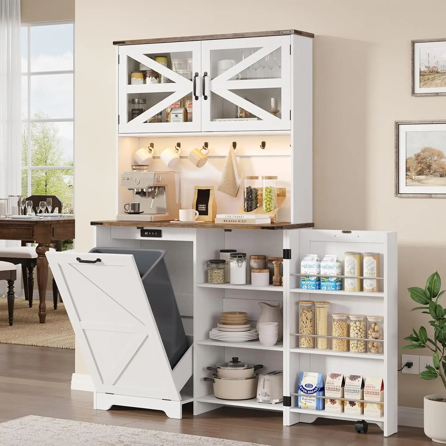 Kitchen Storage Cabinet with LED & Outlet, Tall Hutch with Trash Can & Deodorizer, Farmhouse Cupboard with Countertop Customized