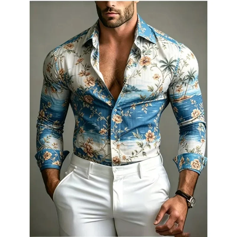 New men's long-sleeved shirt featuring an island coconut tree and tropical floral seaside print, a casual 3D printed top