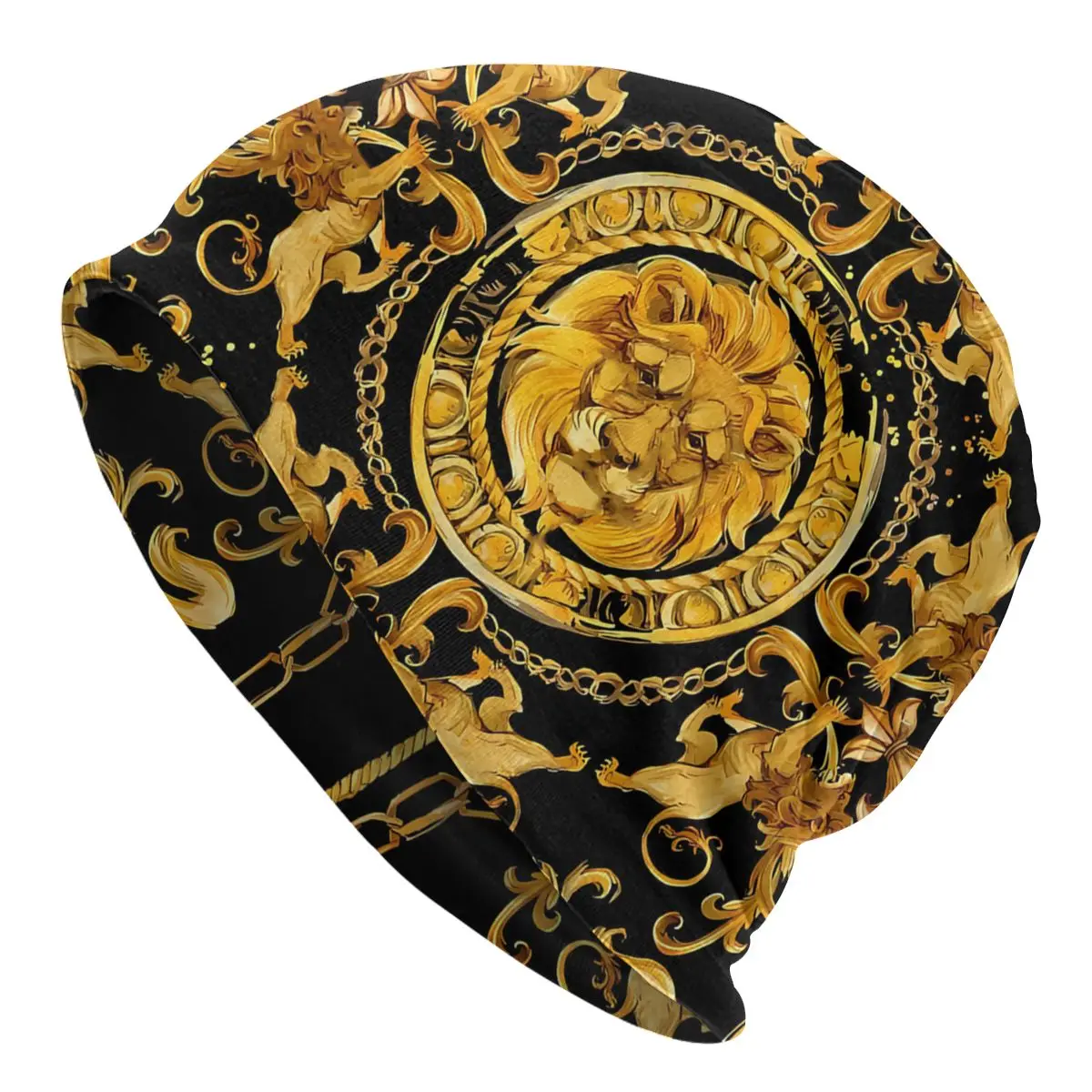 Golden Lion And Damask Skullies Beanies Fashion Hats Luxury Design Thin Bonnet Special Caps Men Women\'s Earmuffs