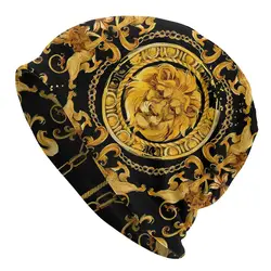 Golden Lion And Damask Skullies Beanies Fashion Hats Luxury Design Thin Bonnet Special Caps Men Women's Earmuffs