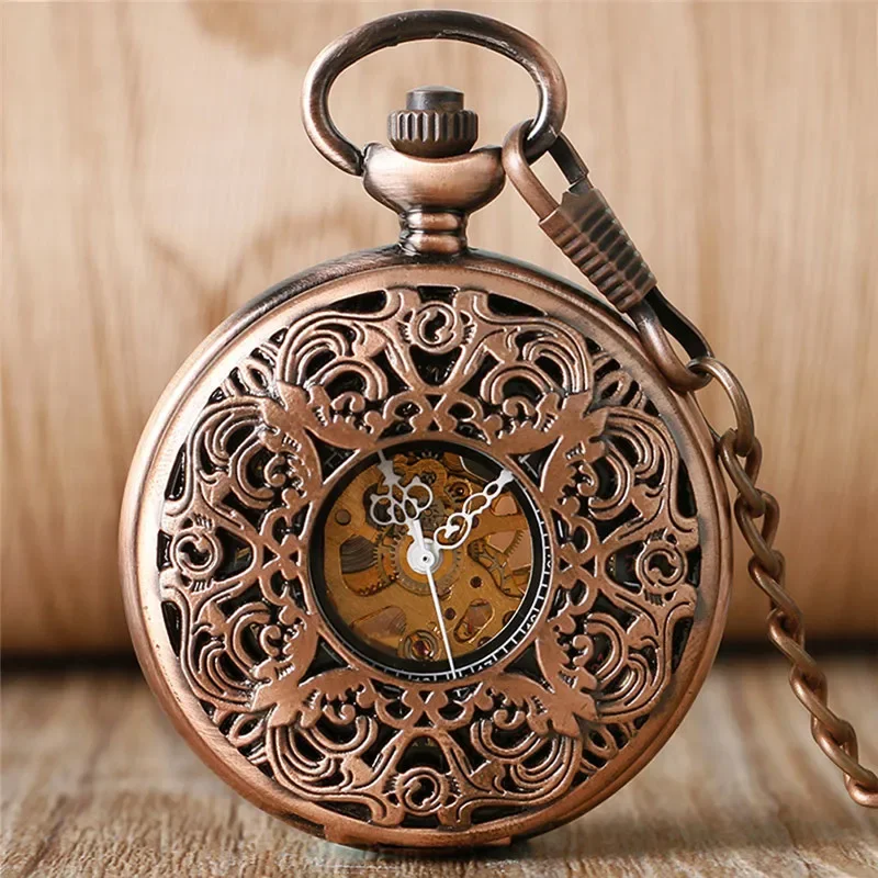 Classic Rose Gold Pocket Watch Skeleton Hand-winding Mechanical Clock Carving Flower Design Pendant Chain Roman Number Dial Gift